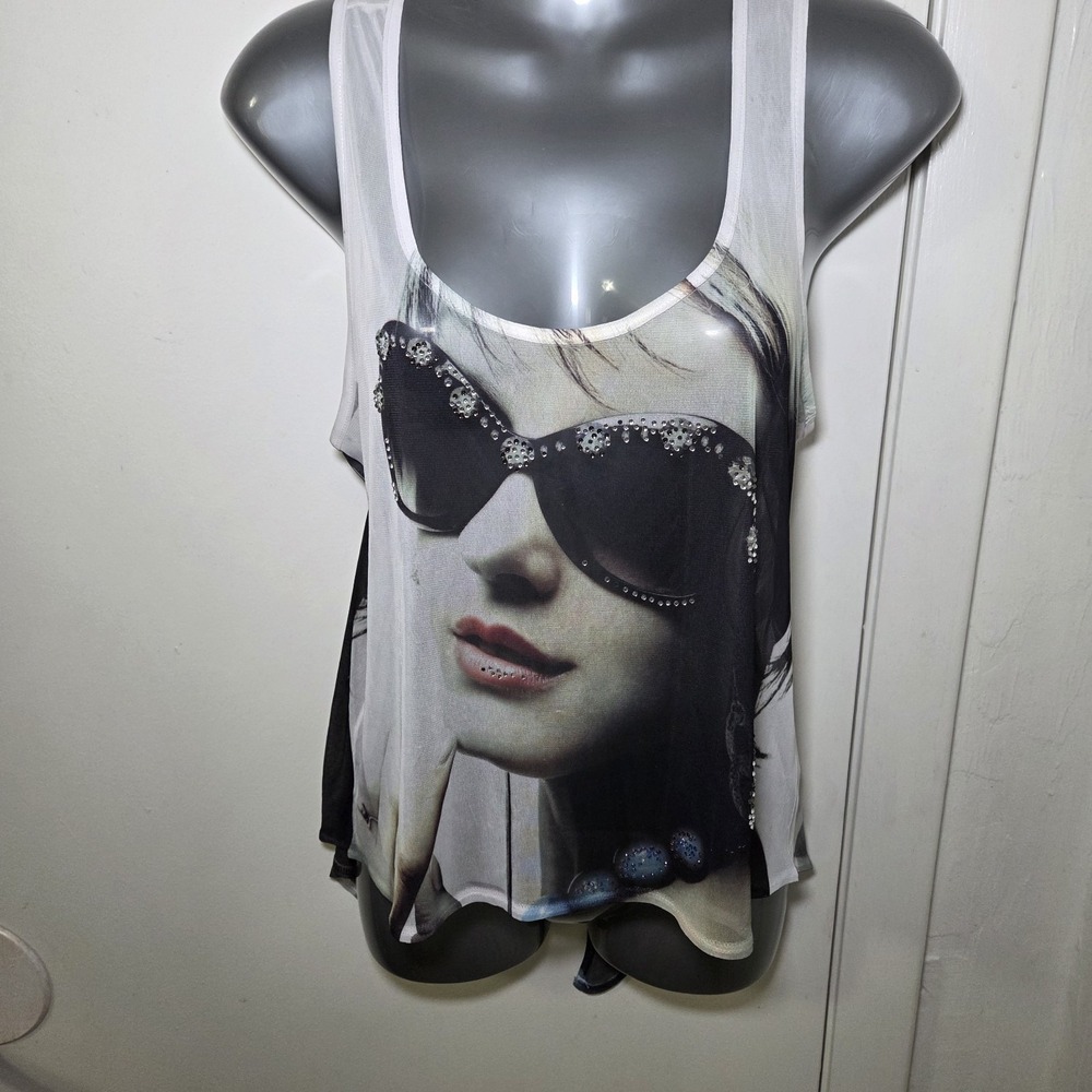 Crimson Ivy Sheer Mesh Graphic Tank Top Face Sunglasses Print Size Medium Y2K